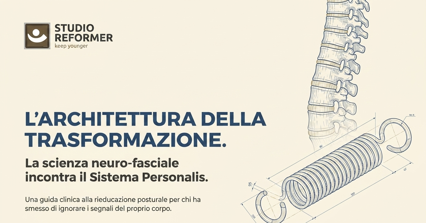 Tavola Studio Reformer in stile disegno tecnico: una colonna vertebrale e una molla del Reformer, con il titolo L'architettura della trasformazione, la scienza neuro-fasciale incontra il Sistema Personalis