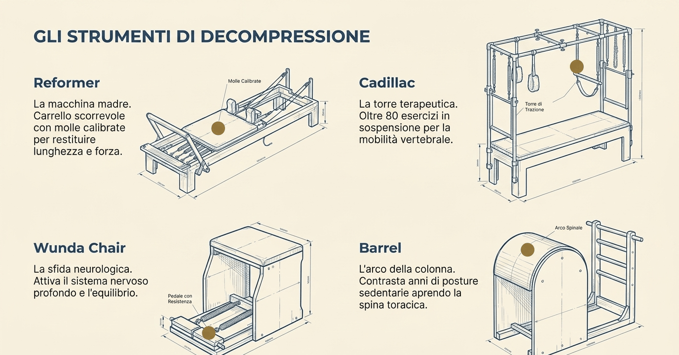 Le macchine Pilates del Sistema Personalis: Reformer, Cadillac, Chair e Barrel